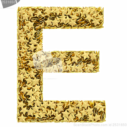 Image of Letter E composed of golden stars isolated on white