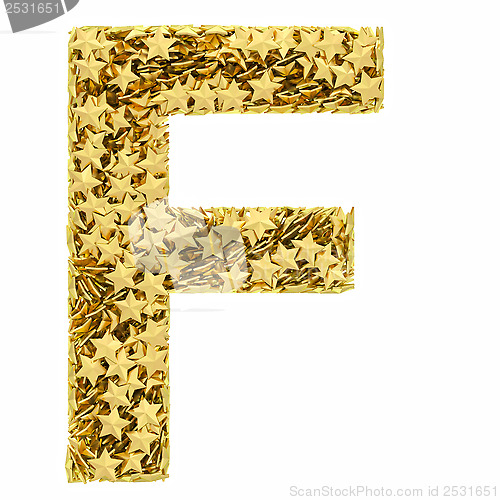 Image of Letter F composed of golden stars isolated on white
