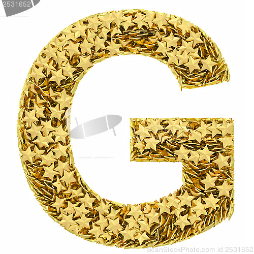 Image of Letter G composed of golden stars isolated on white