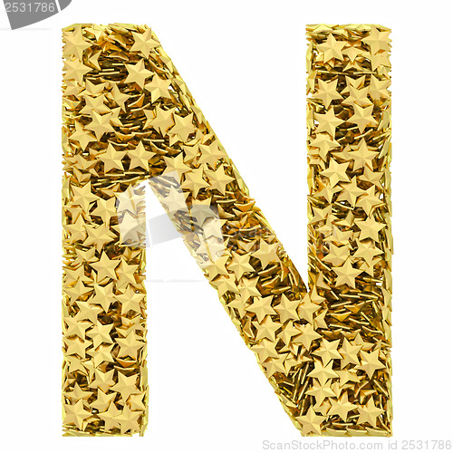 Image of Letter N composed of golden stars isolated on white