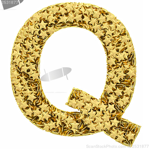 Image of Letter Q composed of golden stars isolated on white