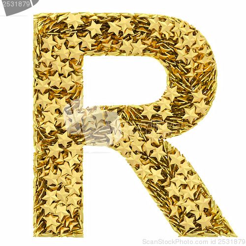 Image of Letter R composed of golden stars isolated on white