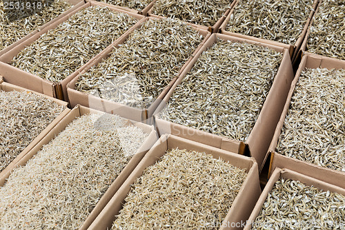 Image of Dried anchovy fish for sell in market