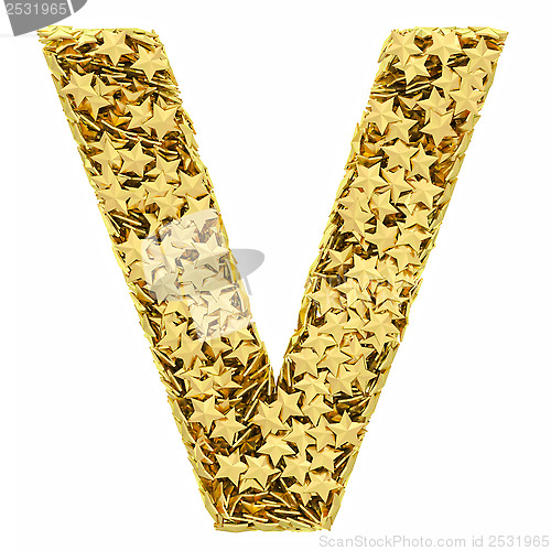 Image of Letter V composed of golden stars isolated on white