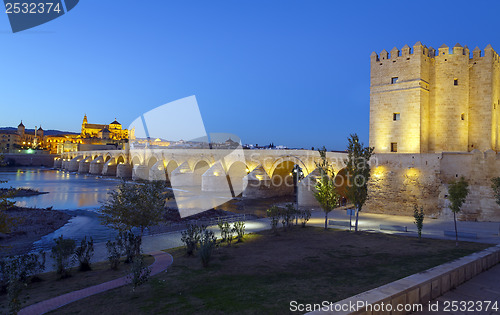 Image of old roman bridge and tower Calahora at night, Cordoba