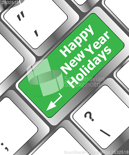 Image of happy new year holidays button on computer keyboard key