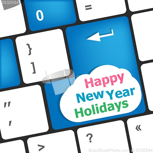 Image of happy new year holidays button on computer keyboard key