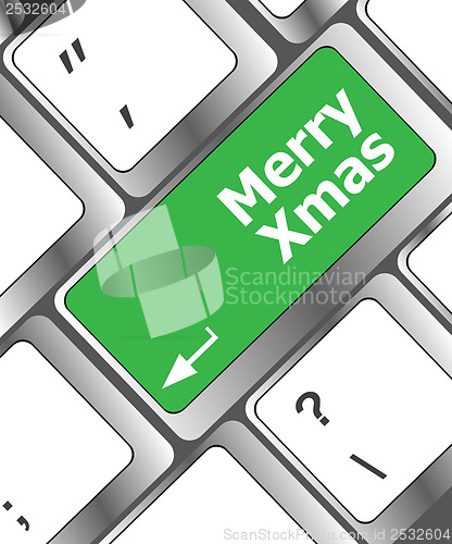 Image of merry christmas message, keyboard enter key button xmas