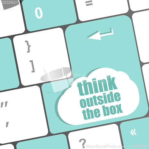 Image of think outside the box words, message on enter key of keyboard