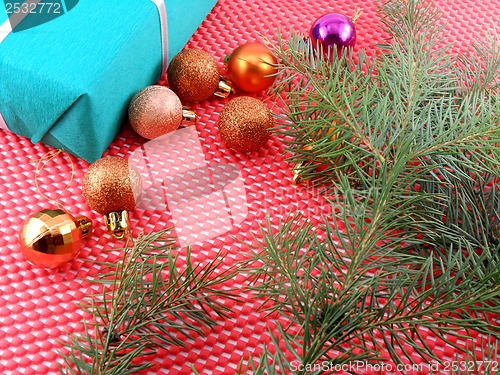 Image of Christmas decoration and balls, new year tree branch