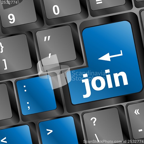 Image of online communities concept, with 'join us' on computer keyboard.