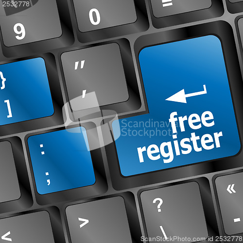 Image of free register computer key showing internet concept