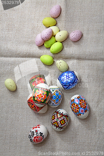 Image of Easter Eggs on linen fabric