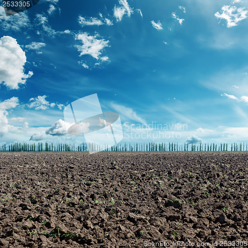 Image of deep blue sky with clouds and black agriculture field