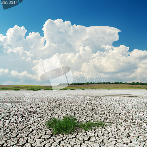 Image of white clouds over cracked desert