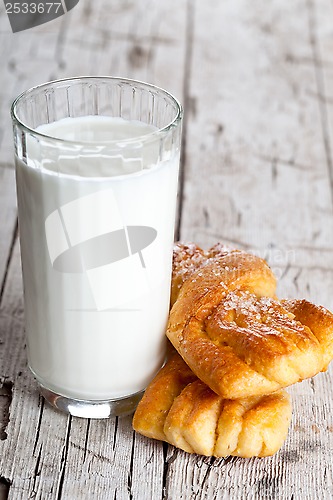 Image of glass of milk and two fresh baked buns