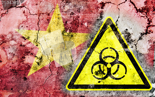 Image of Old cracked wall with biohazard warning sign and painted flag