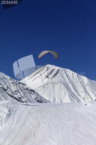 Image of Skydiver in sunny snowy mountains