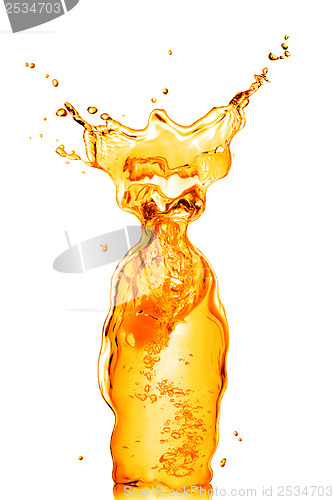 Image of orange water splash in shape of bottle isolated on white