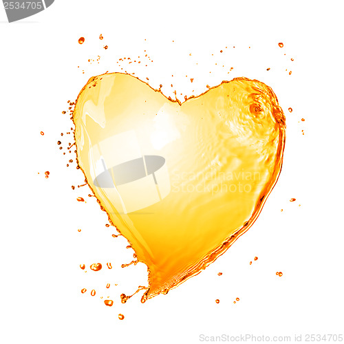 Image of Heart from yellow water splash with bubbles isolated on white