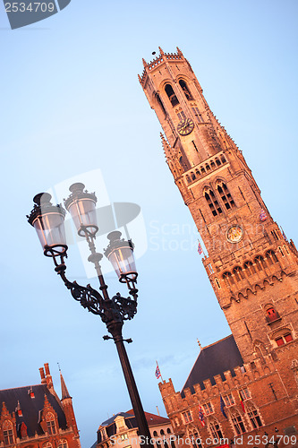 Image of Belfry bell tower on sunset in Bruges, Belgium