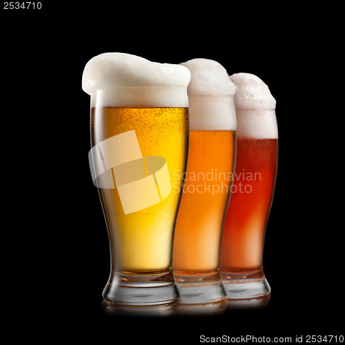Image of Different beer in glasses isolated on white background