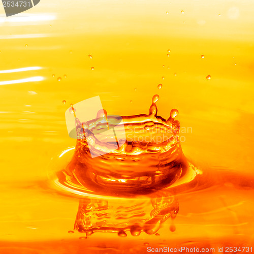 Image of drop falling into orange water with splash