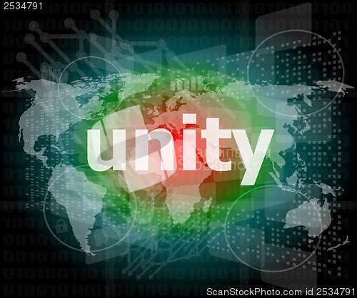 Image of unity text on digital touch screen - business concept