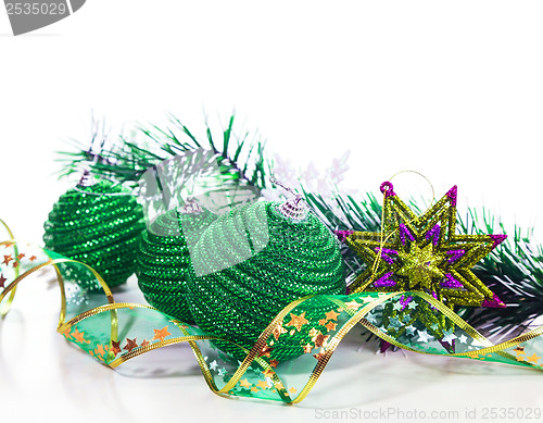 Image of Green christmas balls and ribbon