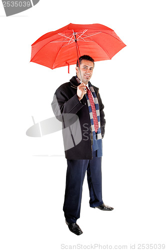 Image of Man with red umbrella.