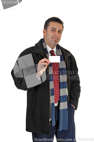 Image of Man showing business card.