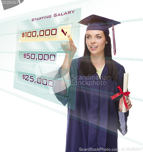 Image of Female Graduate Choosing $100,000 Starting Salary Button on Tran