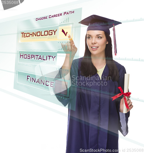 Image of Young Female Graduate Choosing Technology Button on Translucent 