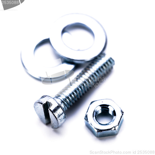 Image of silver steel hexagonal screw tool objects macro