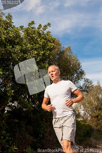 Image of athletic man runner jogging in nature outdoor