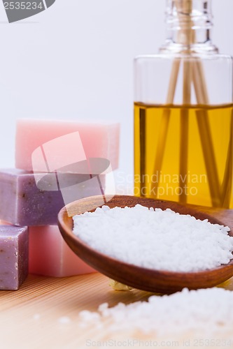 Image of welnness spa objects soap and bath salt closeup