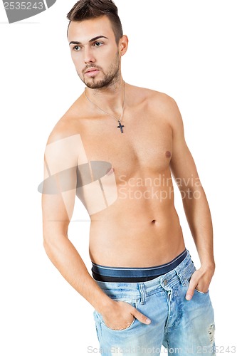 Image of young attractive man in jeans and naked body isolated