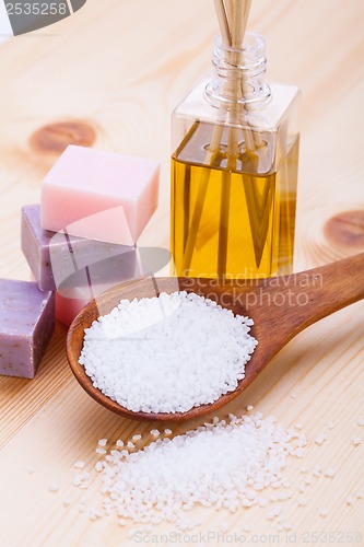 Image of welnness spa objects soap and bath salt closeup