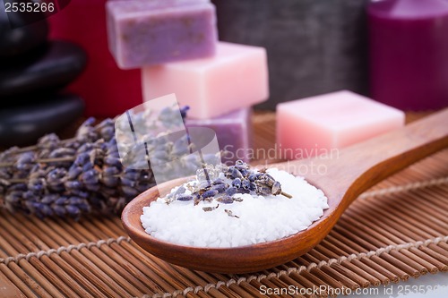 Image of handmade lavender soap and bath salt wellness spa 