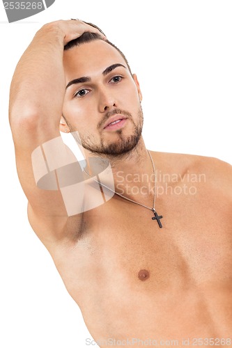 Image of young attractive man in jeans and naked body isolated