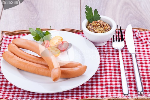 Image of tasty traditional pork sausages frankfurter snack food