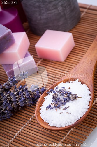 Image of handmade lavender soap and bath salt wellness spa 