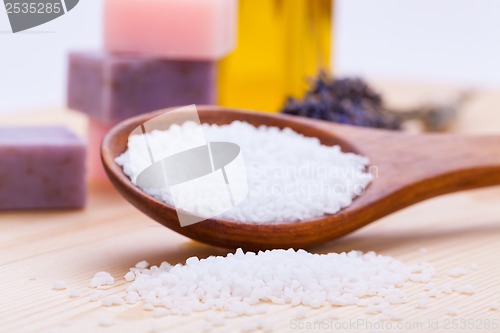 Image of welnness spa objects soap and bath salt closeup