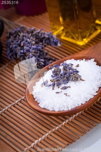 Image of lavender massage oil and bath salt aroma therapy wellness