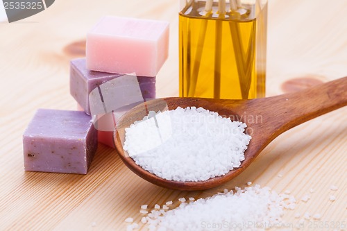 Image of welnness spa objects soap and bath salt closeup