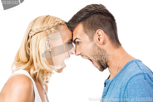 Image of young woman screaming at boyfriend isolated