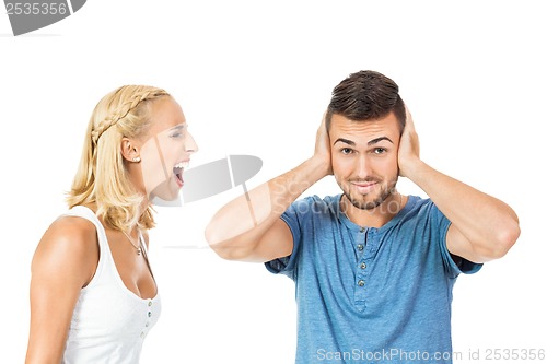 Image of young woman screaming at boyfriend isolated