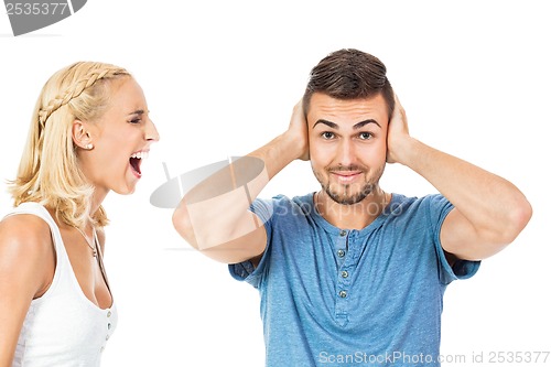 Image of young woman screaming at boyfriend isolated