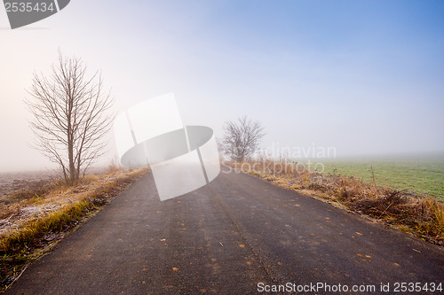 Image of rural foggy road going to the mist