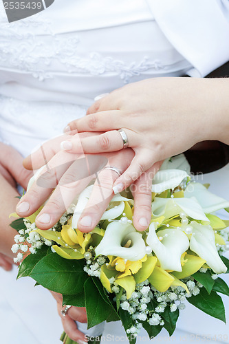 Image of Bride and groom's hands with wedding rings